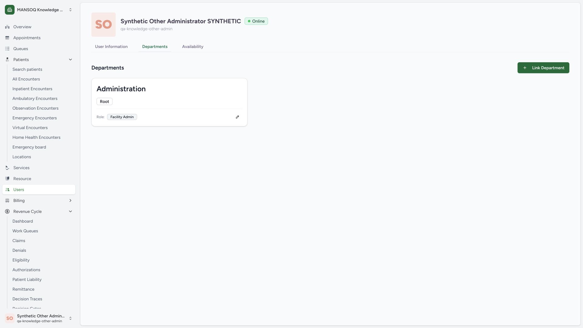 Inspect department role separately from personal profile fields. Actual full desktop MANSOQ synthetic workforce profile view.