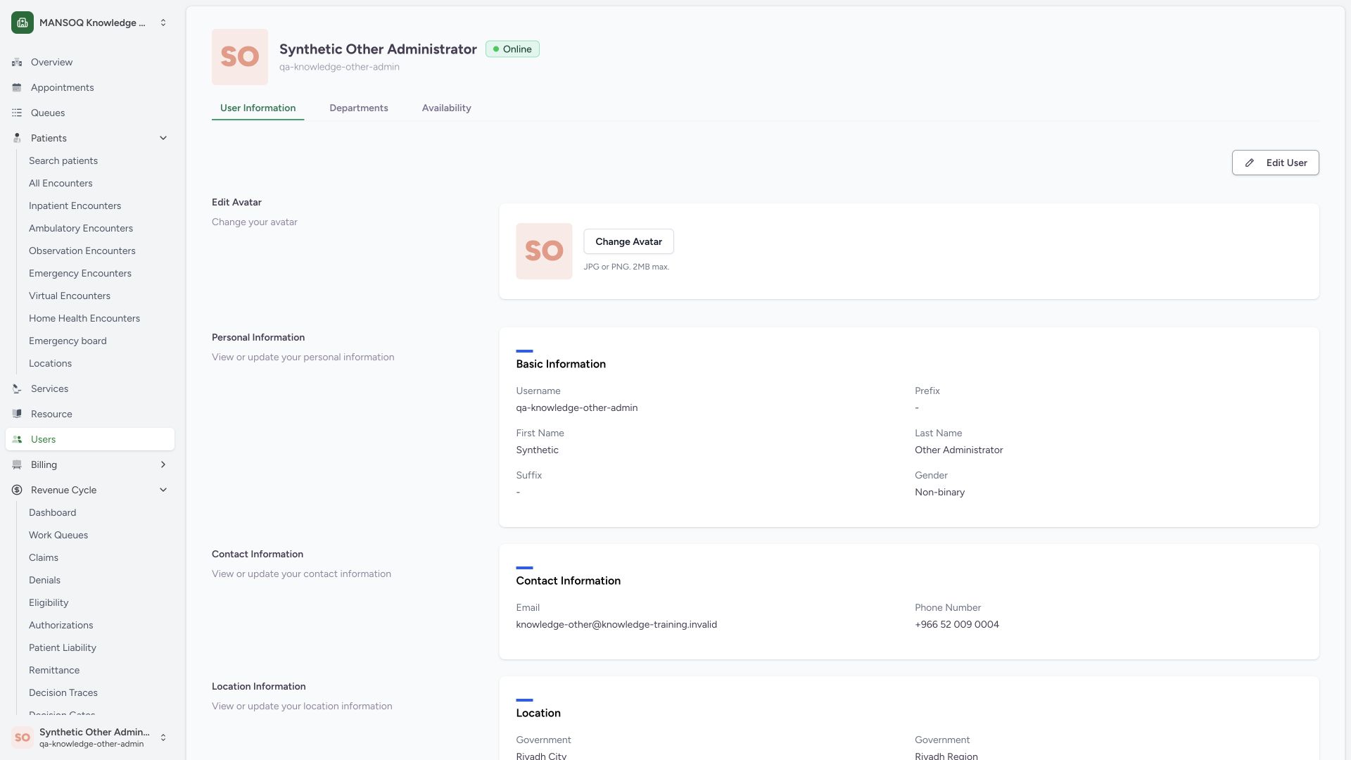 Confirm own user identity before editing the workforce profile. Actual full desktop MANSOQ synthetic workforce profile view.