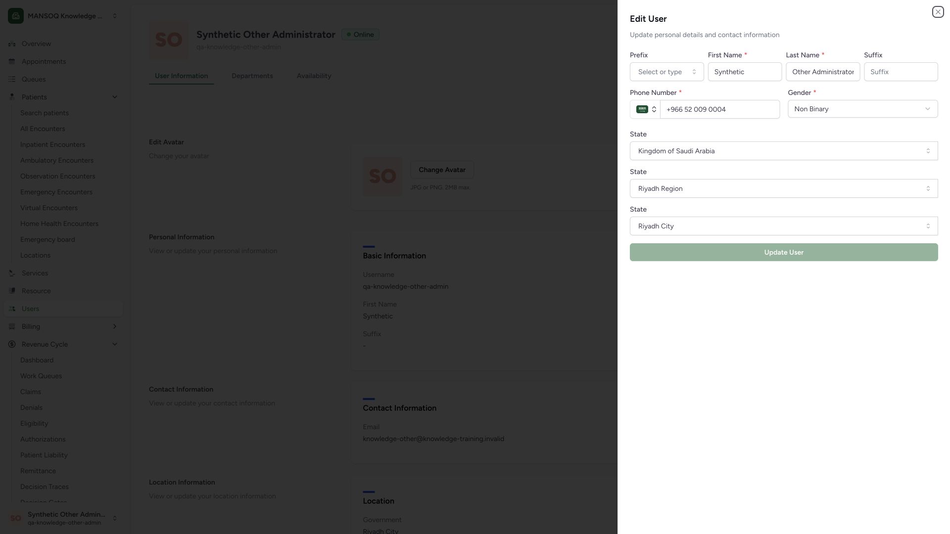 Recognize loaded profile fields and the unchanged disabled Update User state. Actual full desktop MANSOQ synthetic workforce profile view.