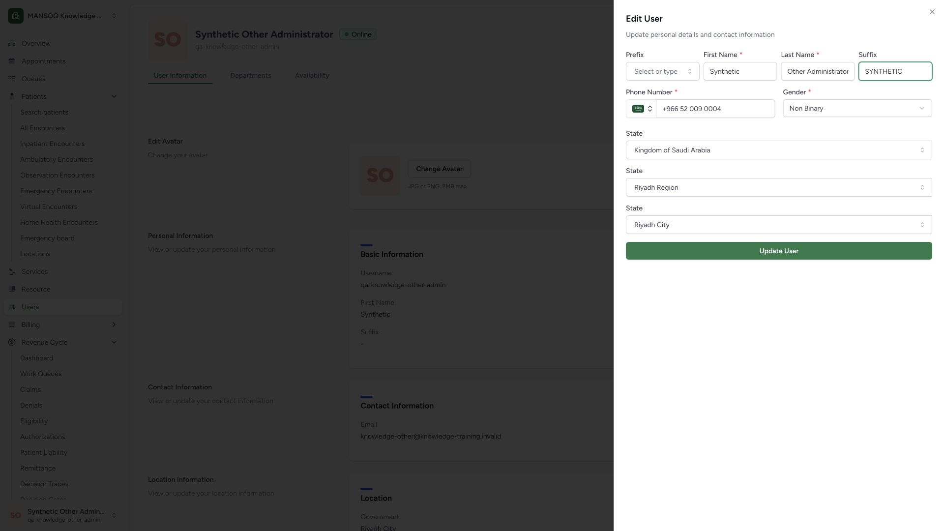 Review an ordinary self-profile display update before Update User. Actual full desktop MANSOQ synthetic workforce profile view.