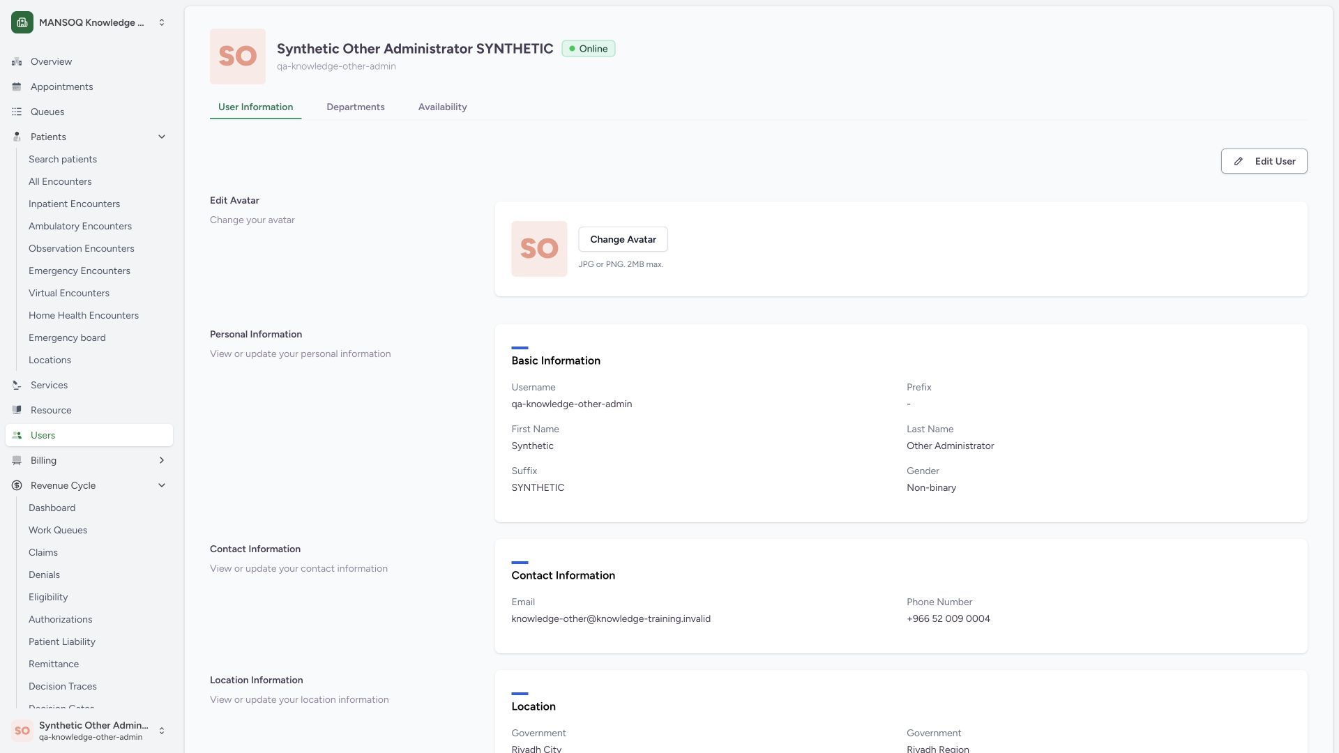 Verify the saved profile display suffix and stable username. Actual full desktop MANSOQ synthetic workforce profile view.
