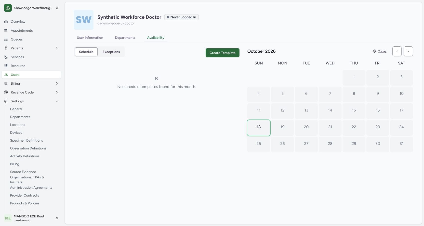 Open the linked practitioner’s availability calendar. Actual MANSOQ application in an isolated synthetic training estate; no real patient, staff or financial data.