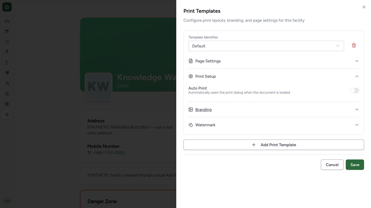 Review Auto Print separately from saving or producing a document. Actual isolated synthetic MANSOQ application; no real patient, workforce, financial or printer records.