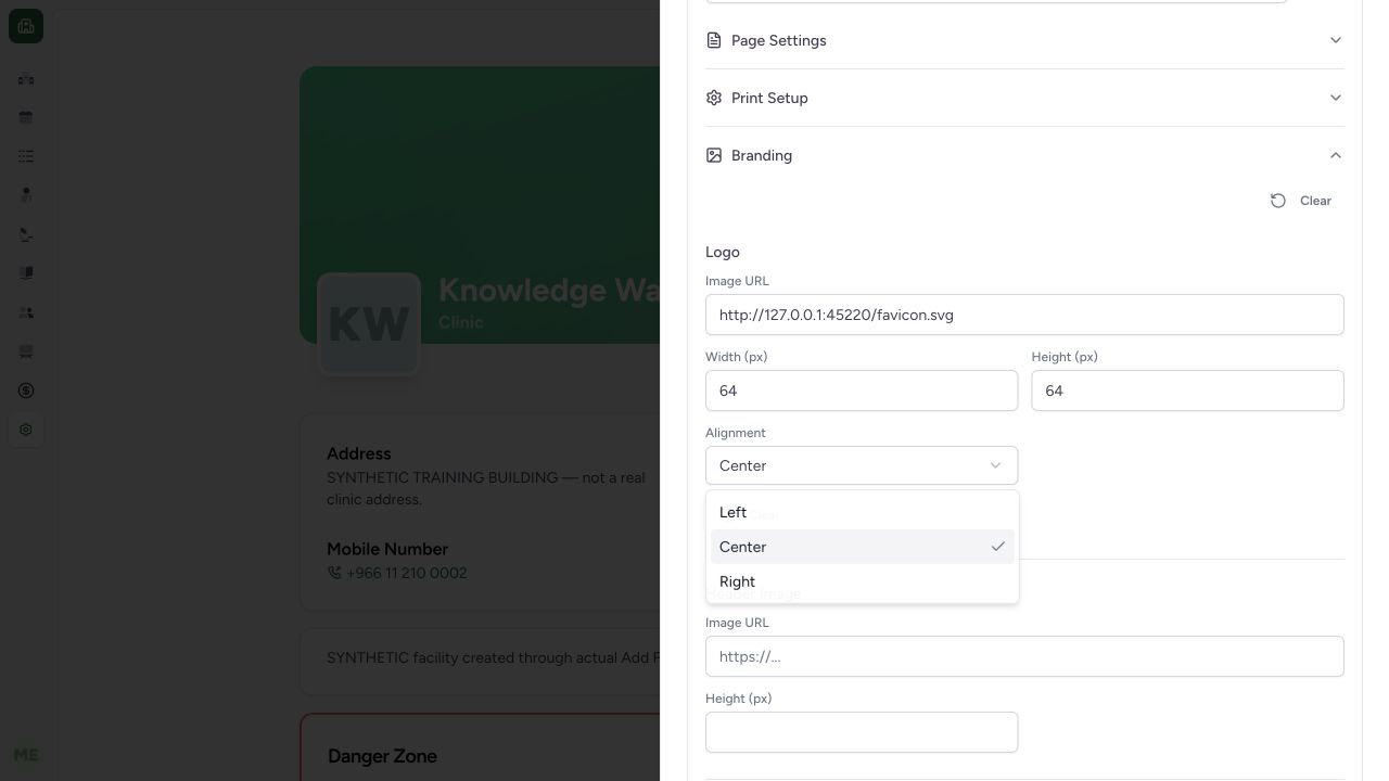 Configure a local demonstration logo with explicit pixel size. Actual isolated synthetic MANSOQ application; no real patient, workforce, financial or printer records.