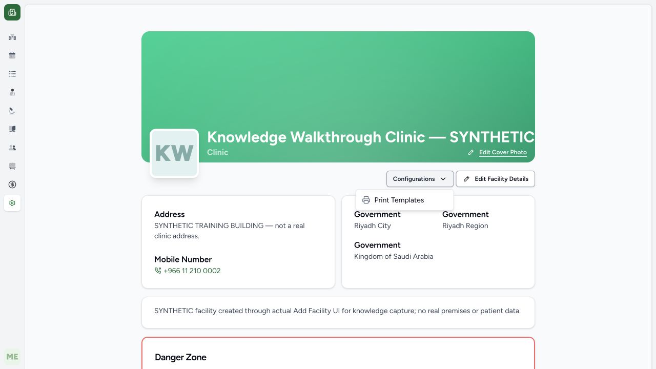 Open Print Templates from facility Configurations. Actual isolated synthetic MANSOQ application; no real patient, workforce, financial or printer records.