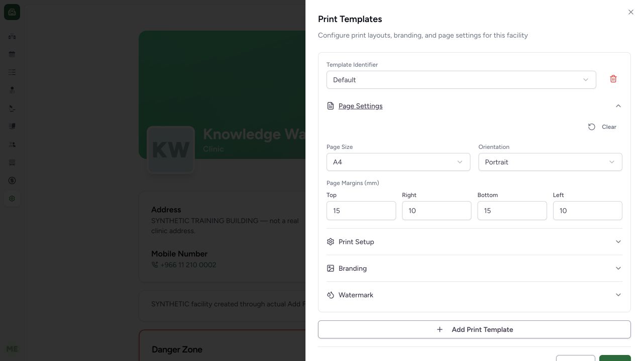 Verify persisted Default page settings after reopening. Actual isolated synthetic MANSOQ application; no real patient, workforce, financial or printer records.