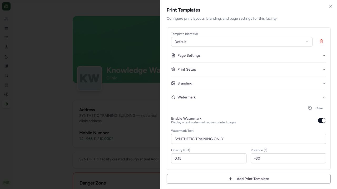 Verify persisted watermark text and parameters after reopening. Actual isolated synthetic MANSOQ application; no real patient, workforce, financial or printer records.