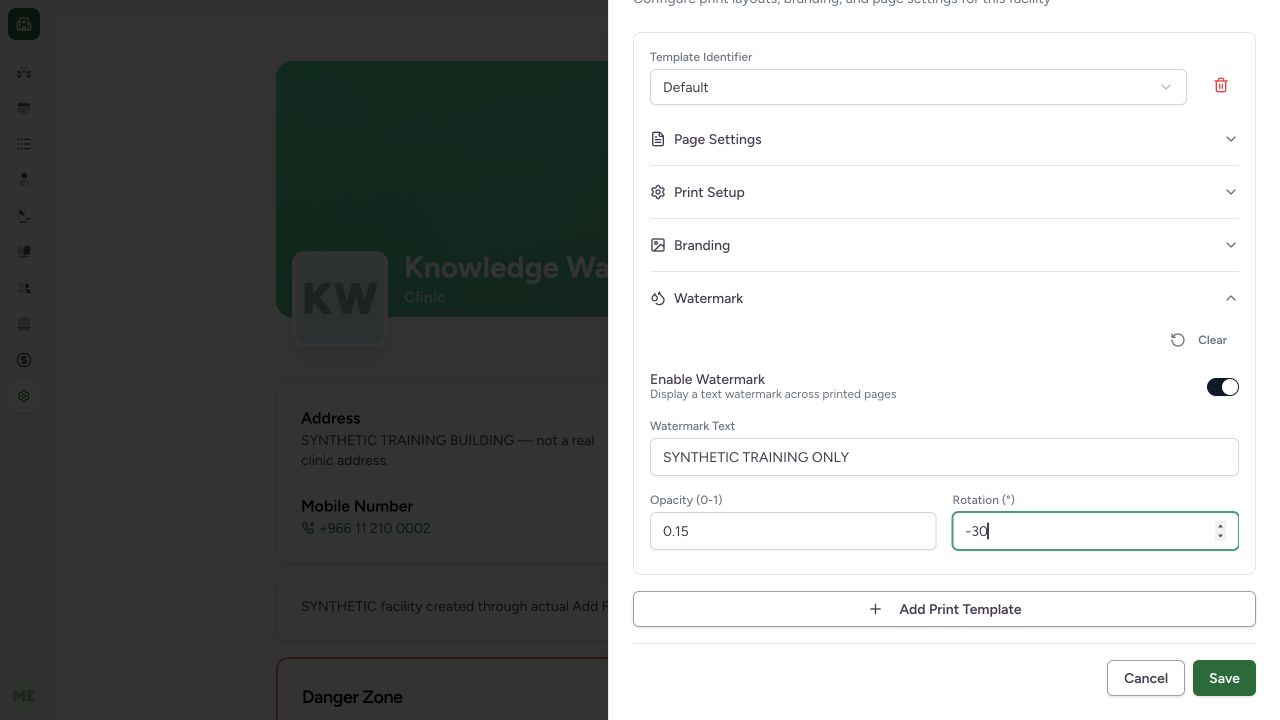 Review the synthetic watermark and save separately. Actual isolated synthetic MANSOQ application; no real patient, workforce, financial or printer records.