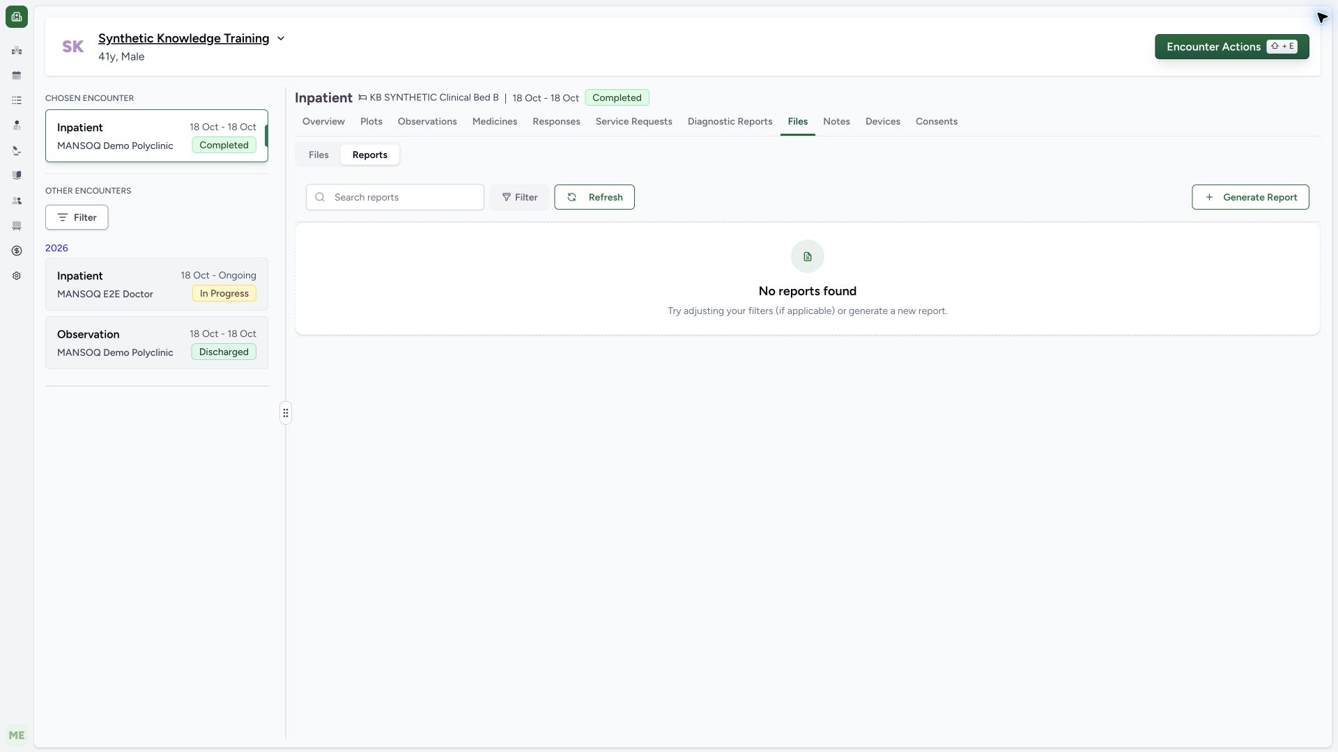 Confirm the correct completed encounter before generating. Actual wide MANSOQ synthetic Report template lifecycle and associated synthetic PDF output view.