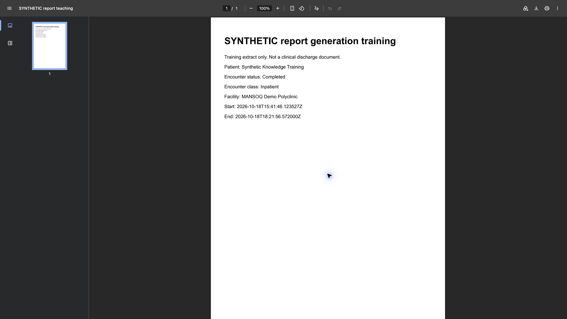 Verify actual associated resource values in the opened PDF. Actual wide MANSOQ synthetic Report template lifecycle and associated synthetic PDF output view.