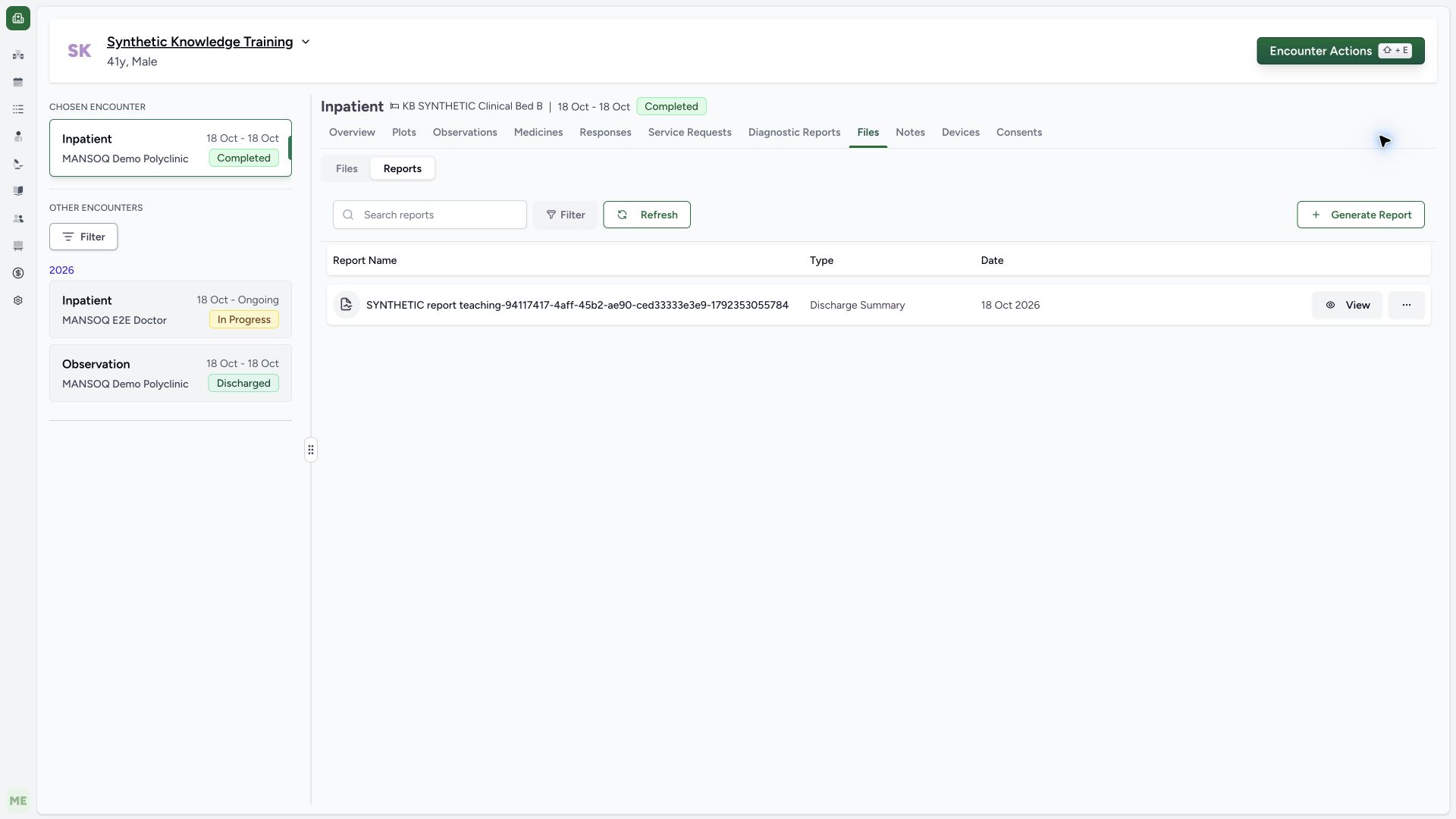 Verify the generated report in the completed encounter. Actual wide MANSOQ synthetic Report template lifecycle and associated synthetic PDF output view.