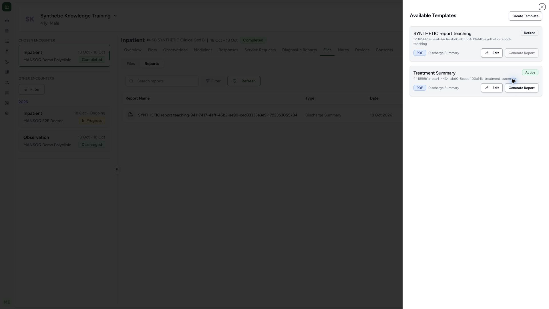 Recognize disabled generation for the retired synthetic template. Actual wide MANSOQ synthetic Report template lifecycle and associated synthetic PDF output view.