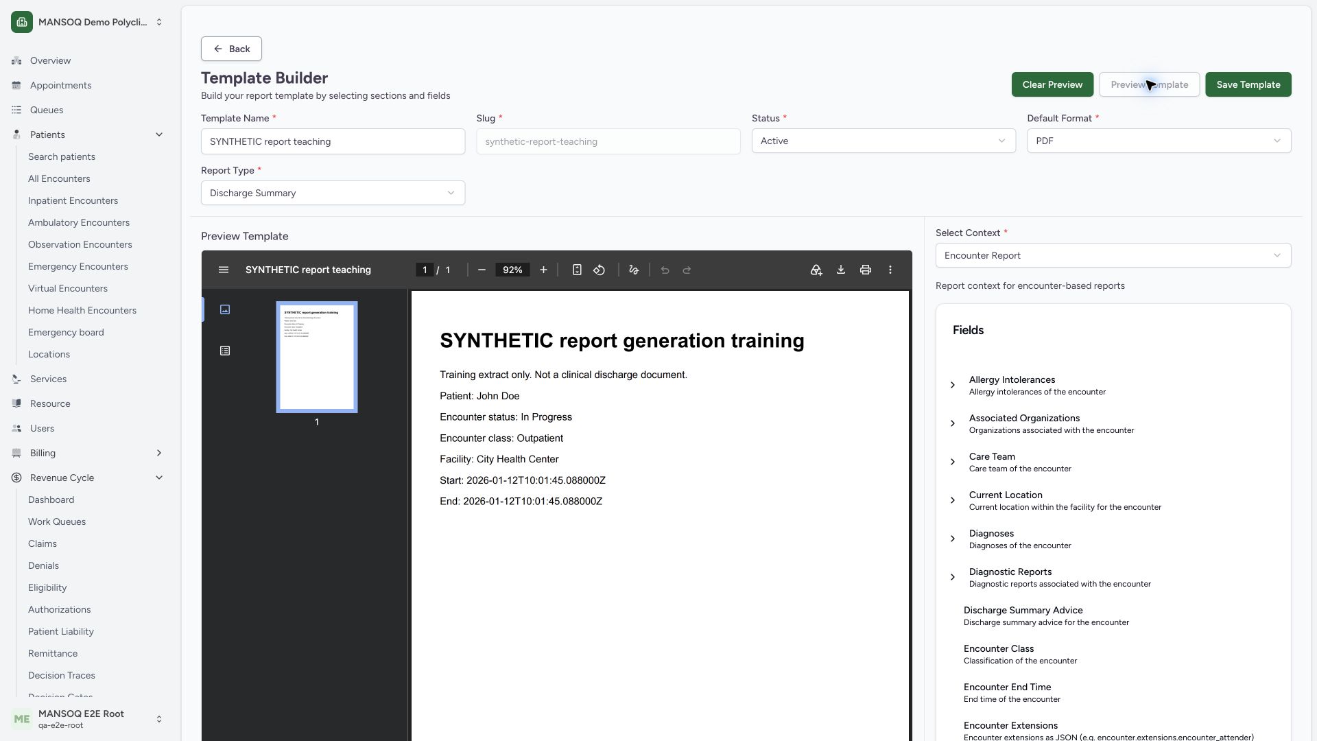 Active PDF template with sample preview. Actual wide MANSOQ synthetic Report template lifecycle and associated synthetic PDF output view.