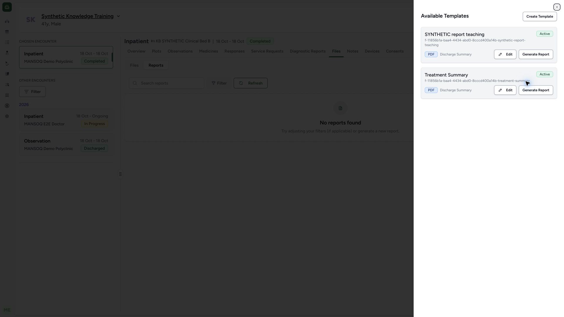 Choose the exact active synthetic template. Actual wide MANSOQ synthetic Report template lifecycle and associated synthetic PDF output view.
