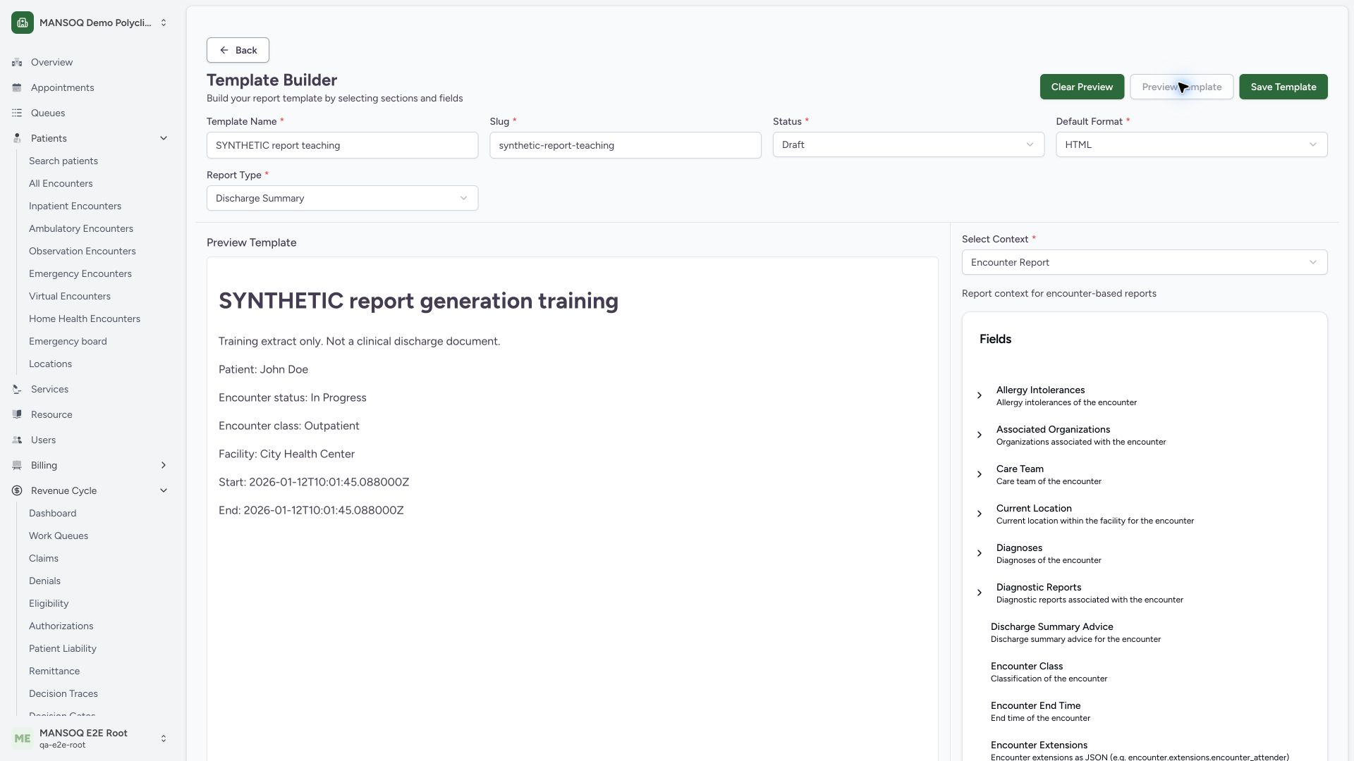 Distinguish template sample preview from a real encounter report. Actual wide MANSOQ synthetic Report template lifecycle and associated synthetic PDF output view.