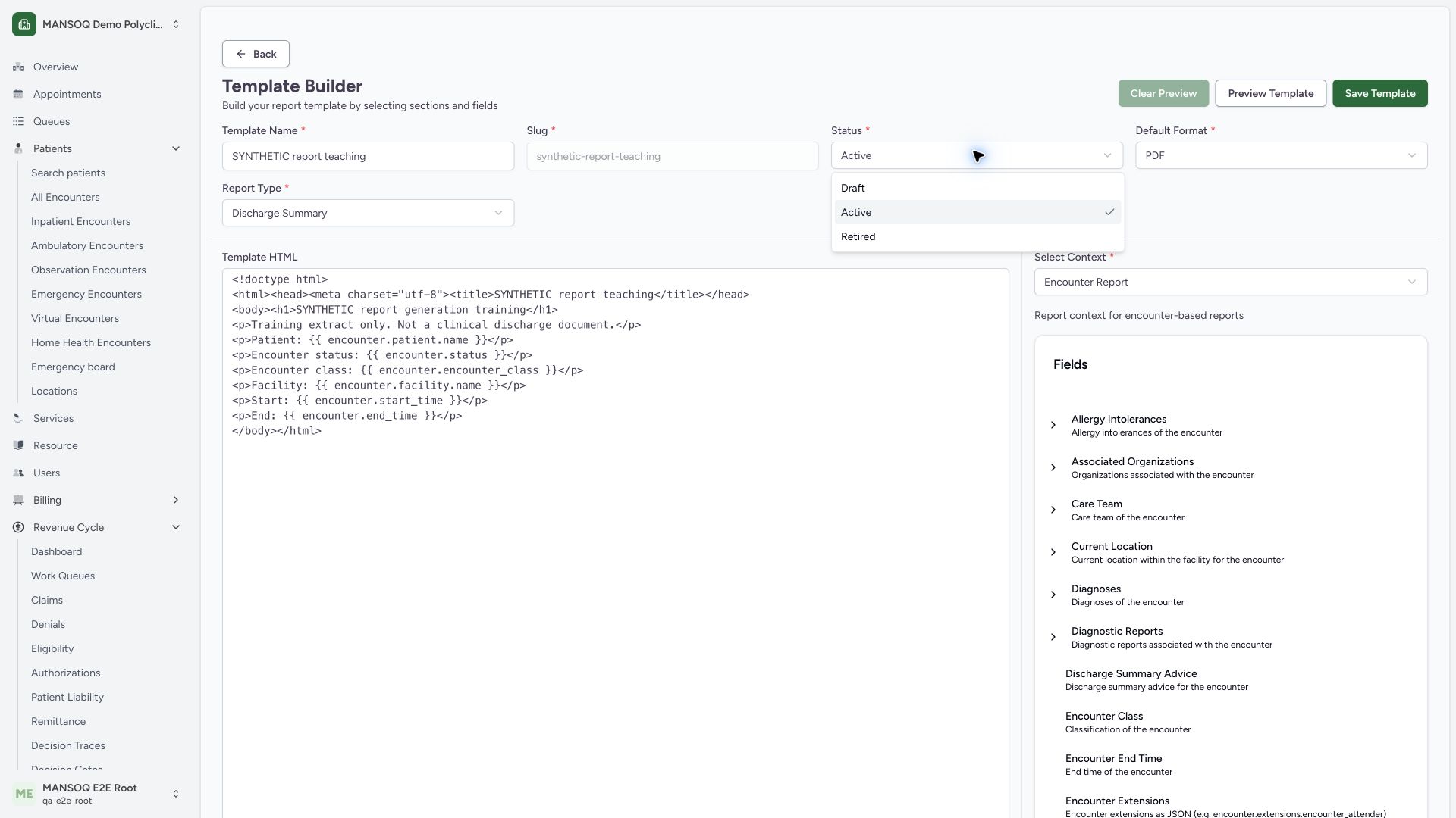 Inspect Draft Active and Retired template statuses. Actual wide MANSOQ synthetic Report template lifecycle and associated synthetic PDF output view.