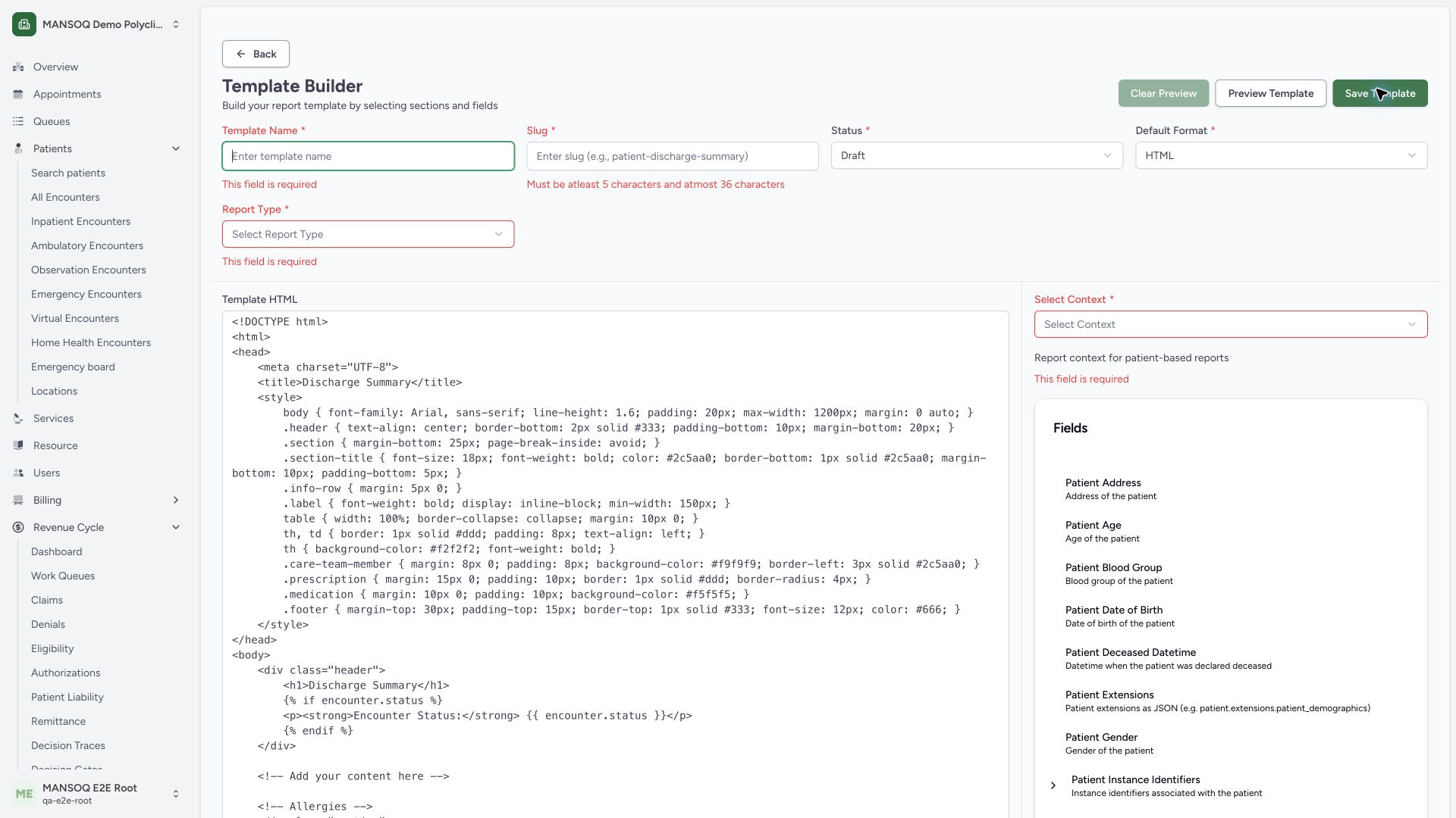 Recover required report-template metadata before saving. Actual wide MANSOQ synthetic Report template lifecycle and associated synthetic PDF output view.