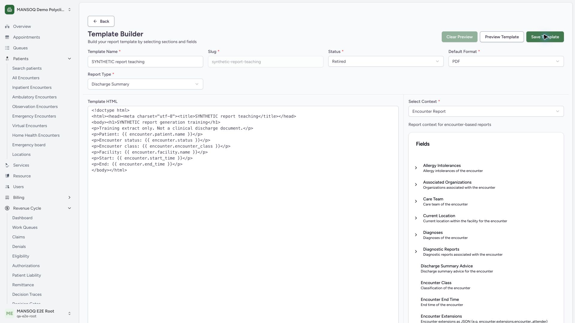 Verify saved Retired state for the synthetic template. Actual wide MANSOQ synthetic Report template lifecycle and associated synthetic PDF output view.