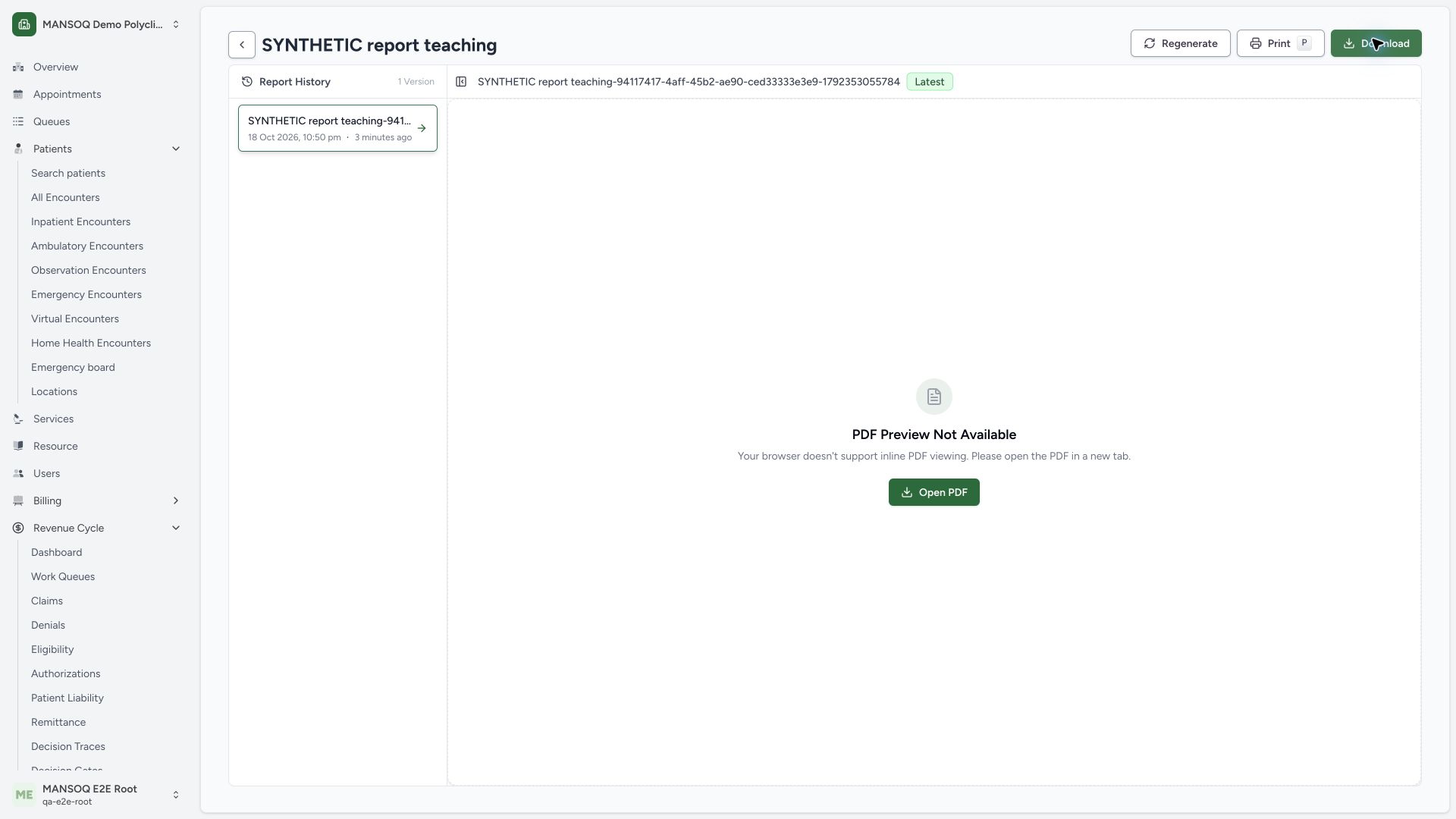 Use saved report history and download without regenerating. Actual wide MANSOQ synthetic Report template lifecycle and associated synthetic PDF output view.