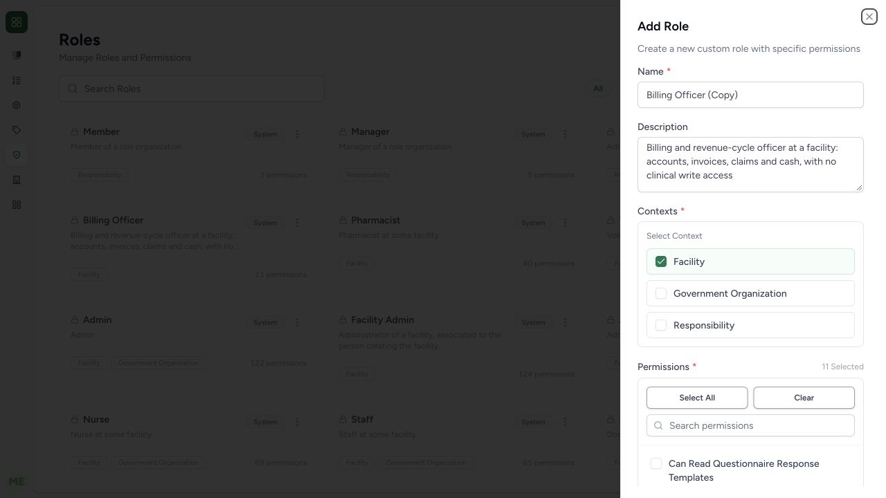 Inspect the unsaved cloned role form. Actual isolated synthetic MANSOQ application; no real patient, workforce, financial or printer records.