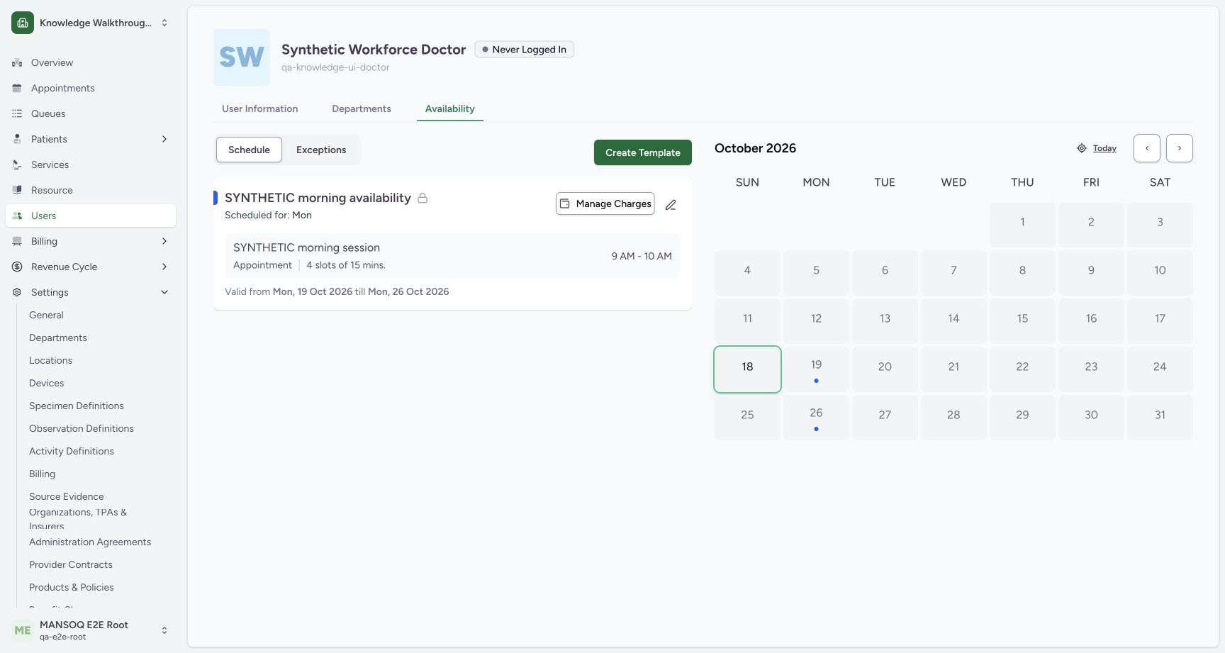 Verify the saved private recurring schedule and calendar markers. Actual MANSOQ application in an isolated synthetic training estate; no real patient, staff or financial data.