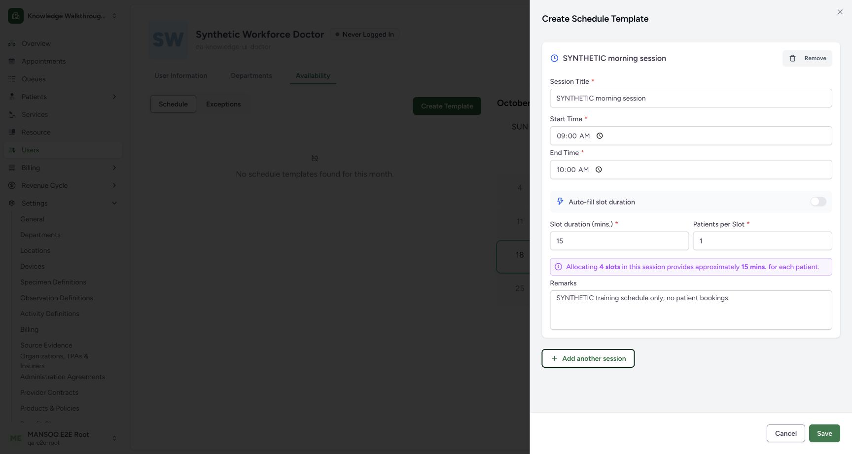 Set session times and appointment capacity before saving. Actual MANSOQ application in an isolated synthetic training estate; no real patient, staff or financial data.