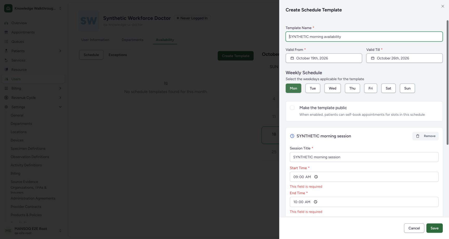 Set recurring validity, weekdays and booking visibility. Actual MANSOQ application in an isolated synthetic training estate; no real patient, staff or financial data.