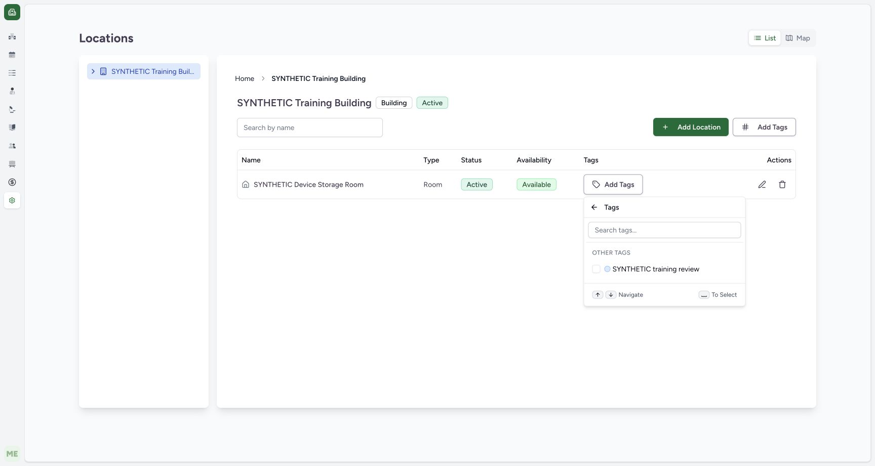 Apply an administrative tag to the intended Room row. Actual MANSOQ local synthetic training. No real patient, workforce or financial records.
