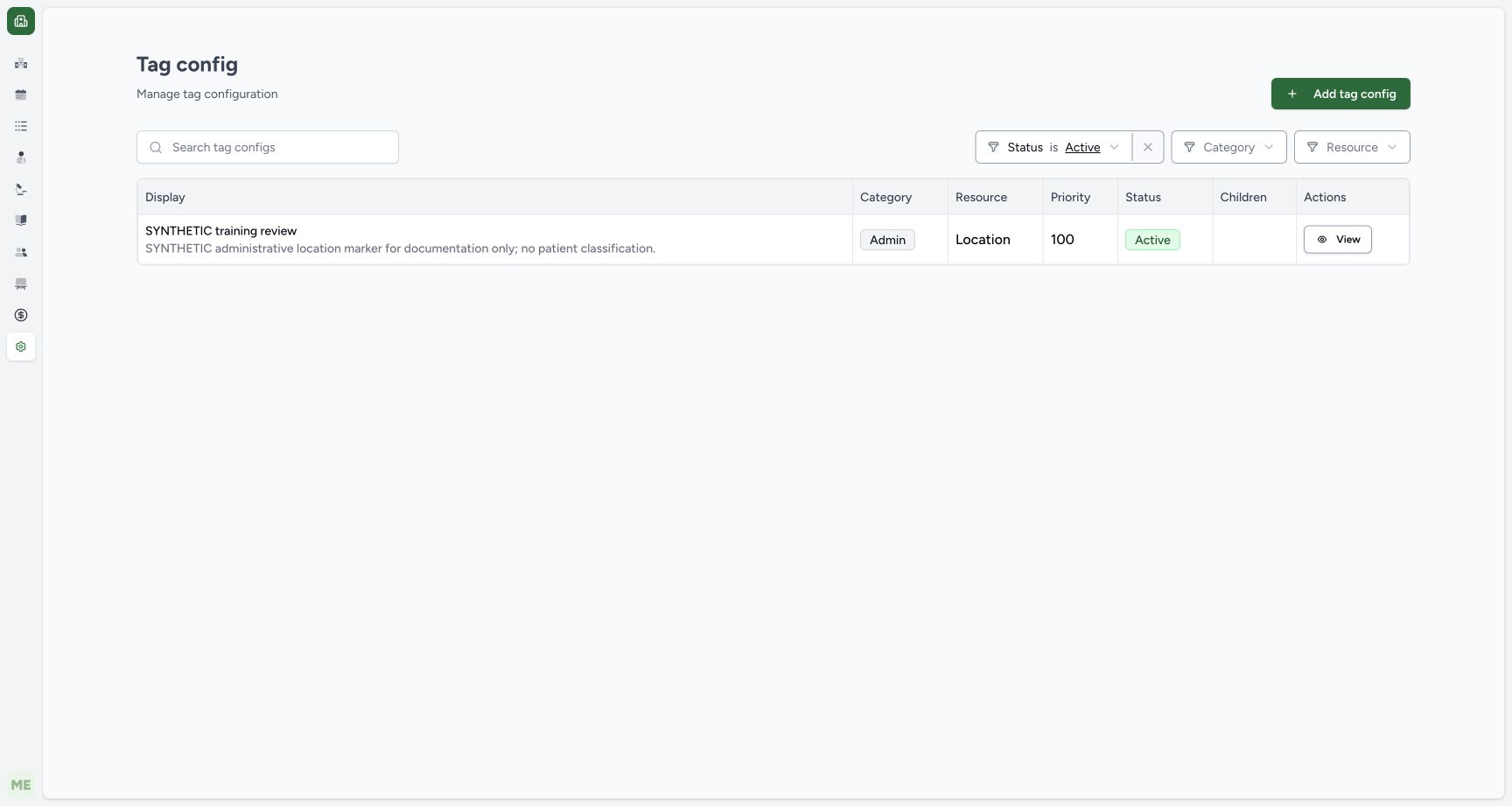 Verify saved tag category, resource, priority and status. Actual MANSOQ local synthetic training. No real patient, workforce or financial records.