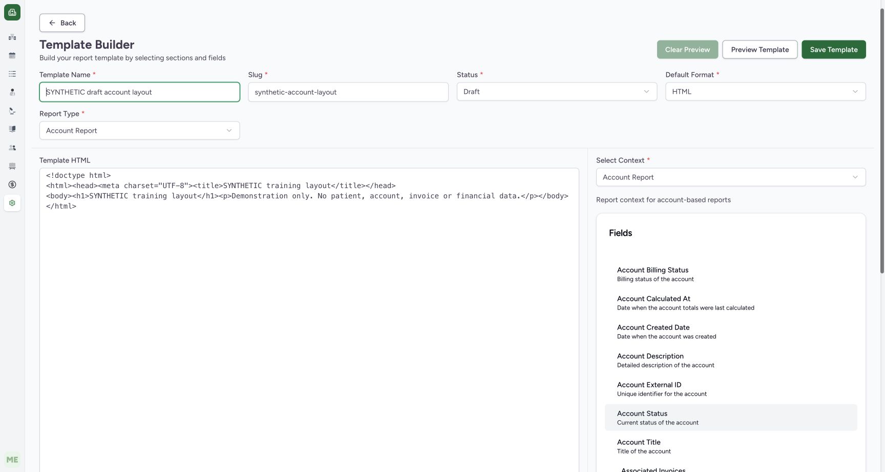 Prepare a Draft HTML template with explicit report type and data context. Actual MANSOQ local synthetic training. No real patient, workforce or financial records.