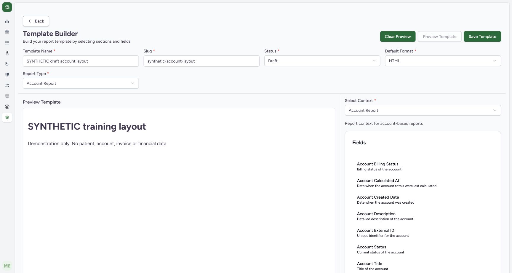 Preview a static synthetic layout before saving the draft. Actual MANSOQ local synthetic training. No real patient, workforce or financial records.