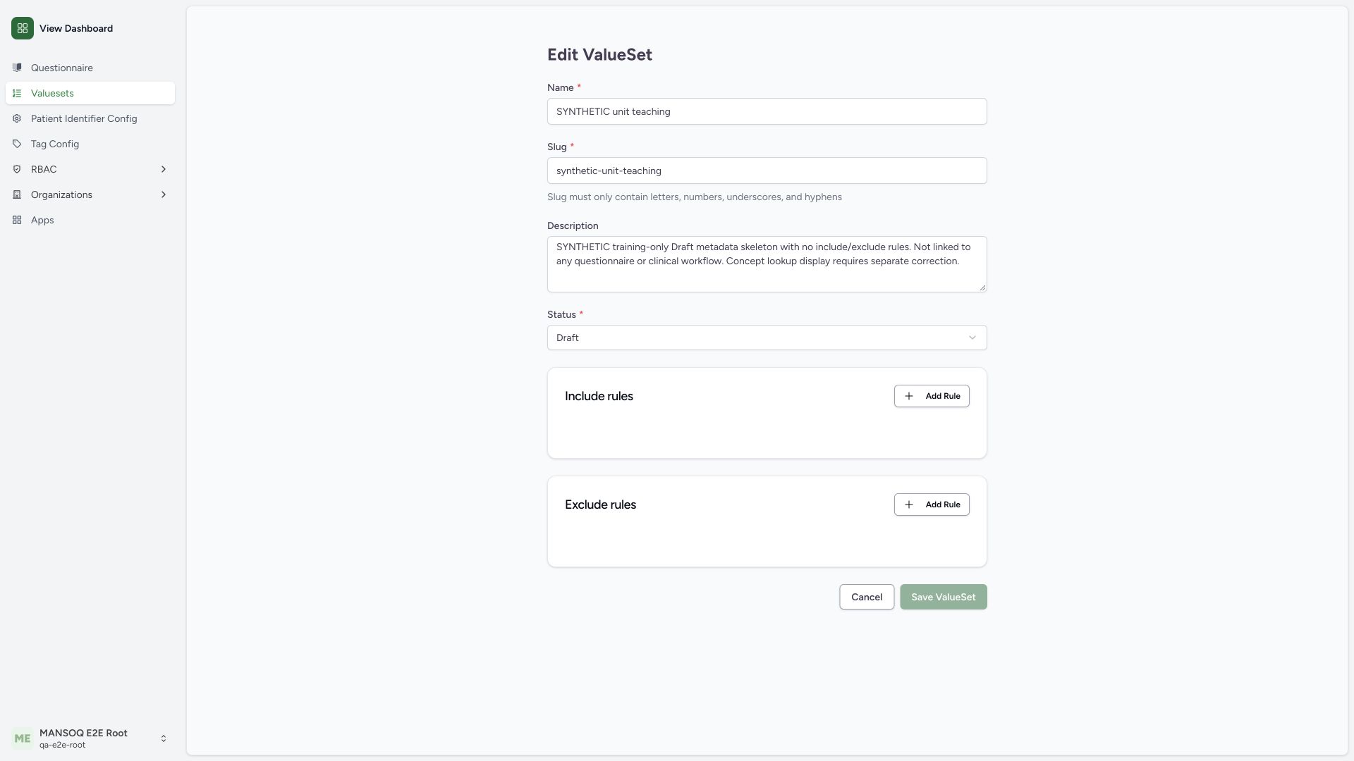 Read custom value-set metadata and unchanged Save state. Actual wide MANSOQ synthetic terminology administration view.