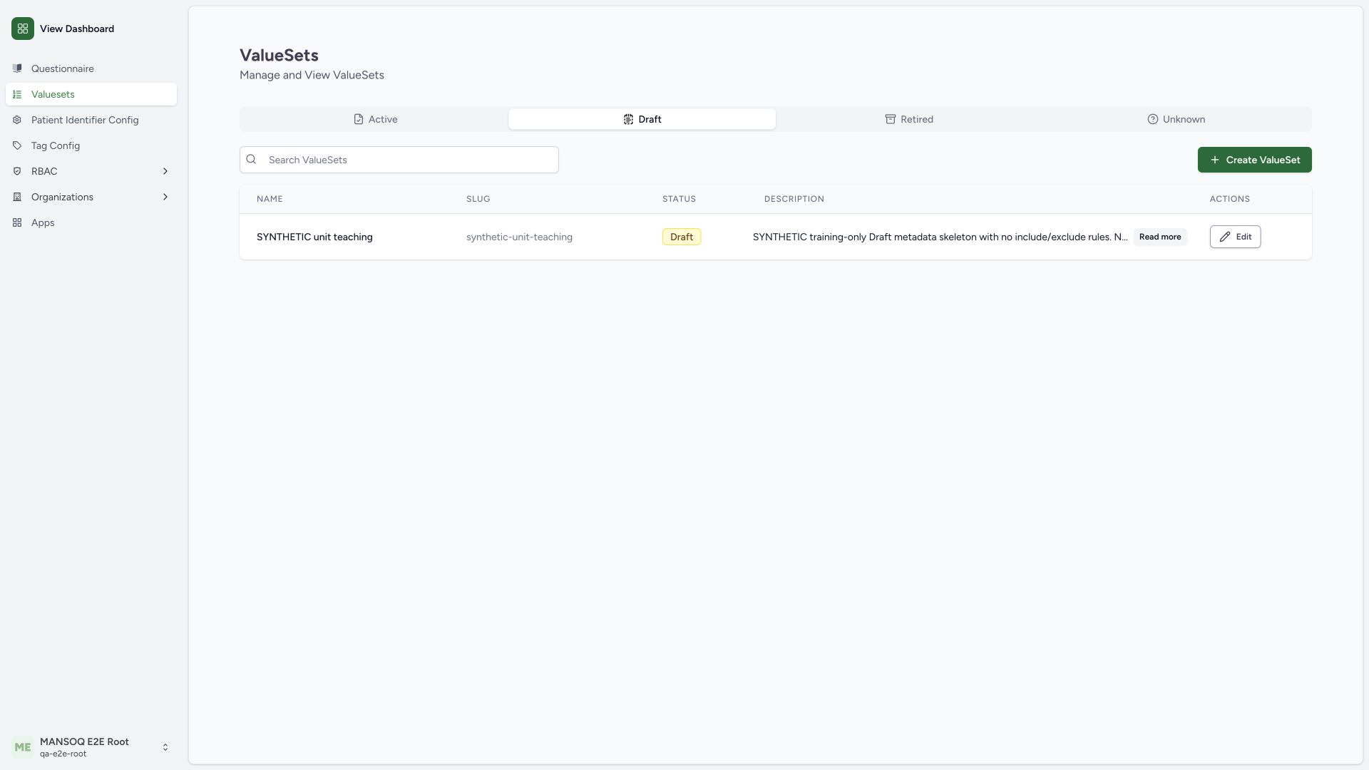 Verify the saved custom Draft metadata skeleton. Actual wide MANSOQ synthetic terminology administration view.