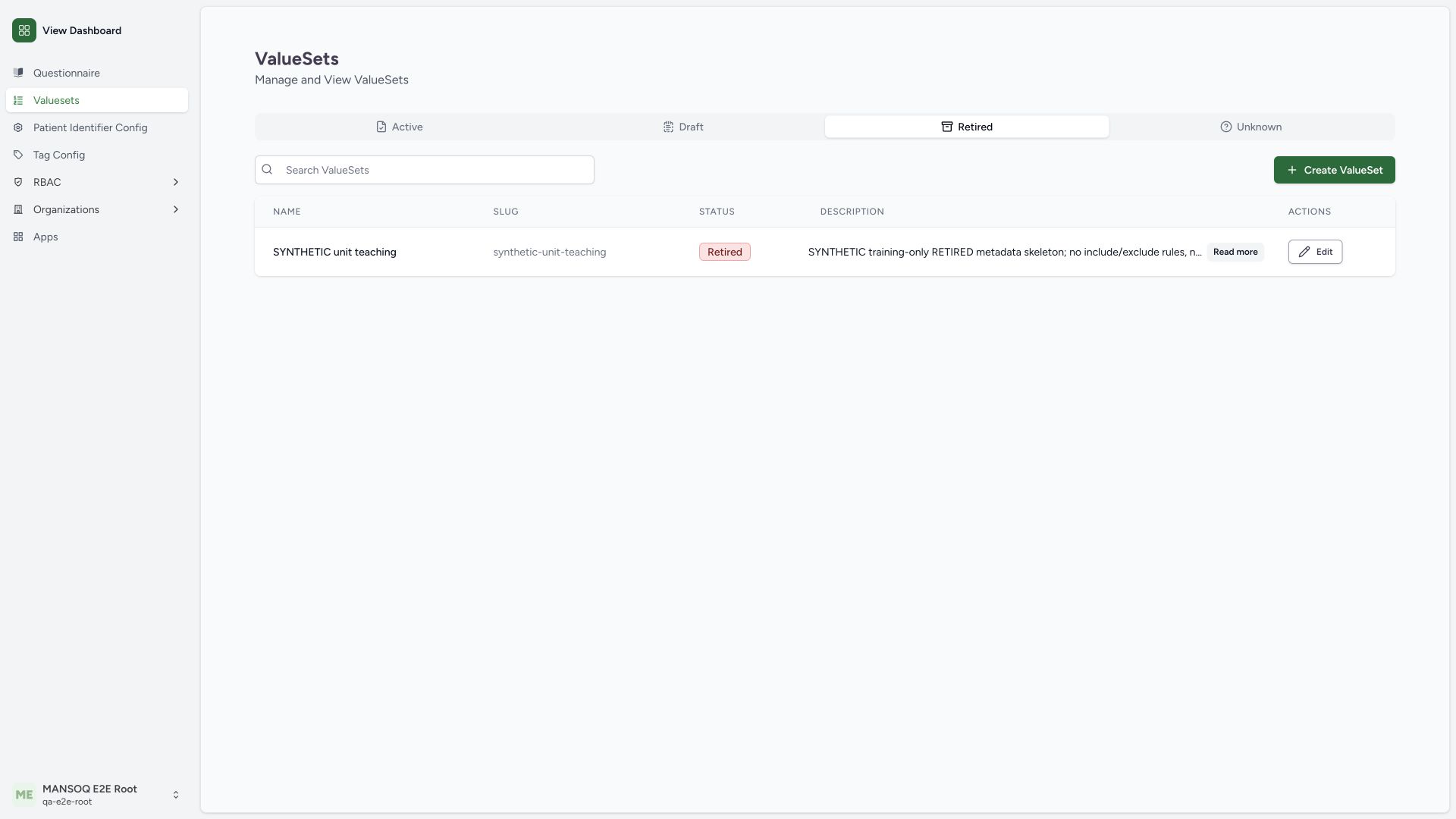 Verify custom value-set retirement persisted. Actual wide MANSOQ synthetic terminology administration view.