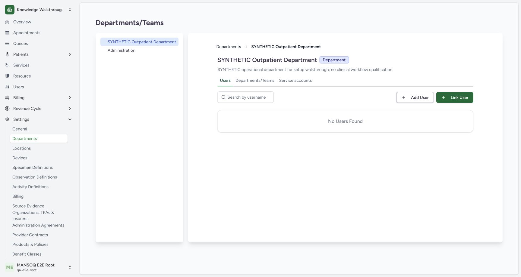 Choose between creating an identity and linking an existing user. Actual MANSOQ application in an isolated synthetic training estate; no real patient, staff or financial data.
