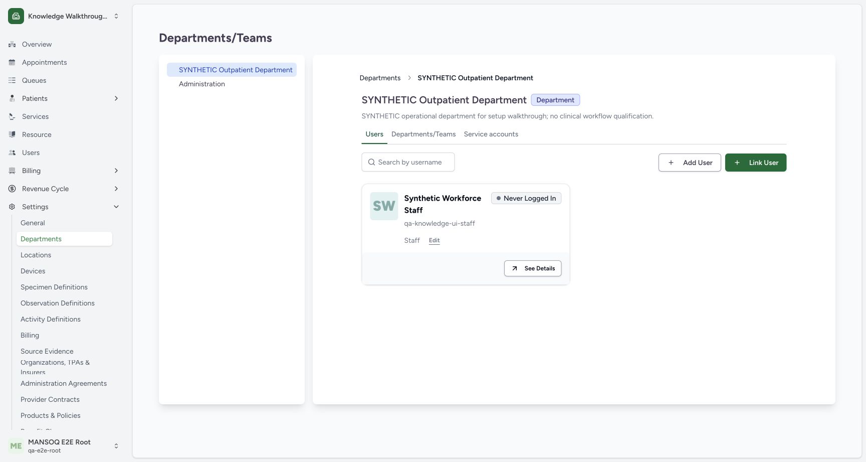 Confirm the saved department membership and role. Actual MANSOQ application in an isolated synthetic training estate; no real patient, staff or financial data.