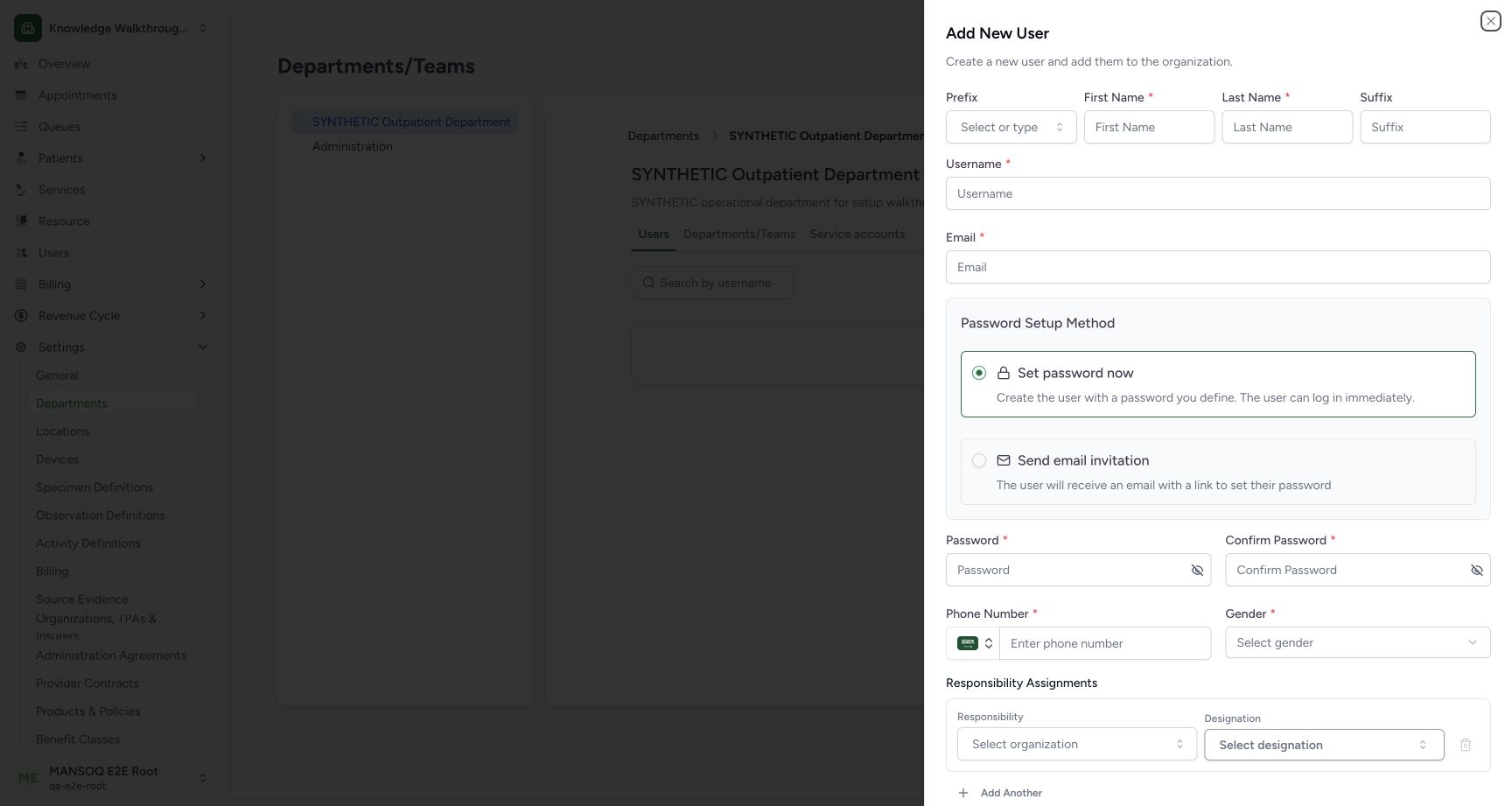 Blank new-user identity and password setup methods. Actual MANSOQ application in an isolated synthetic training estate; no real patient, staff or financial data.