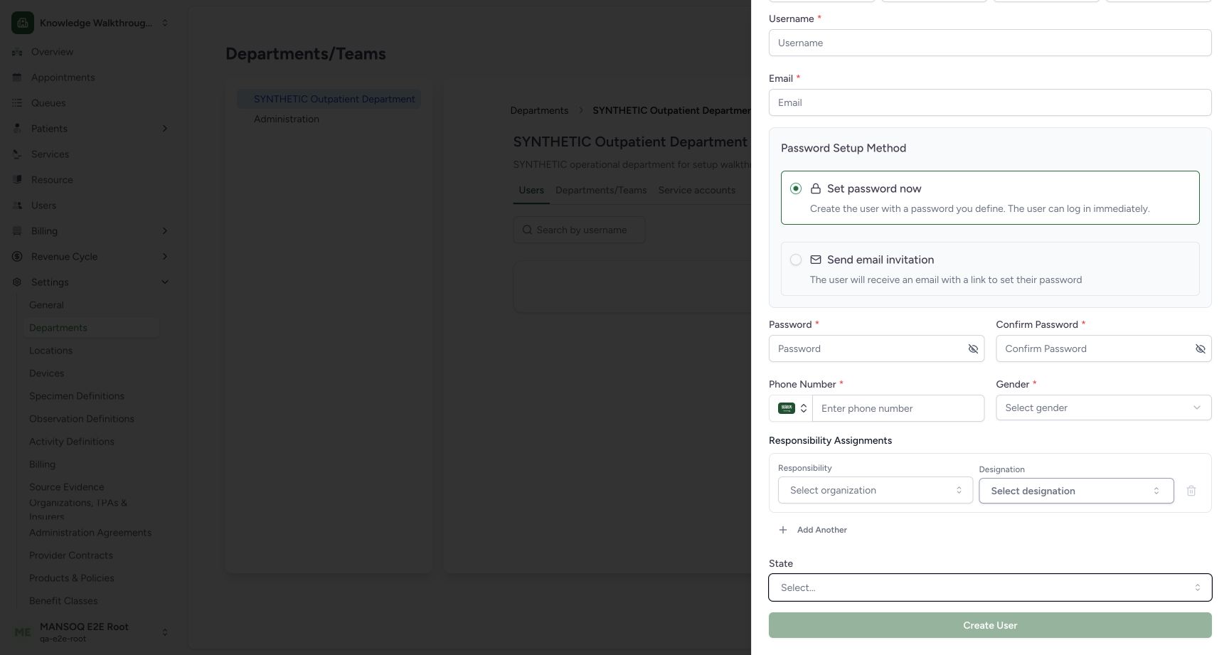 New-user contact, responsibility and geographic fields. Actual MANSOQ application in an isolated synthetic training estate; no real patient, staff or financial data.