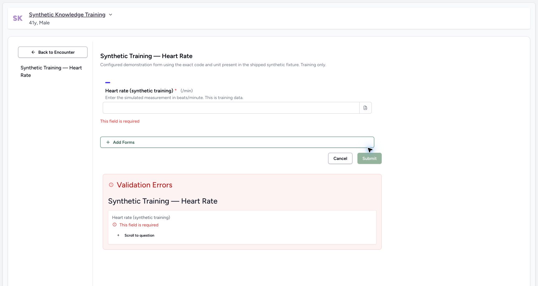 Required observation validation in the real MANSOQ application with explicitly synthetic patient data.