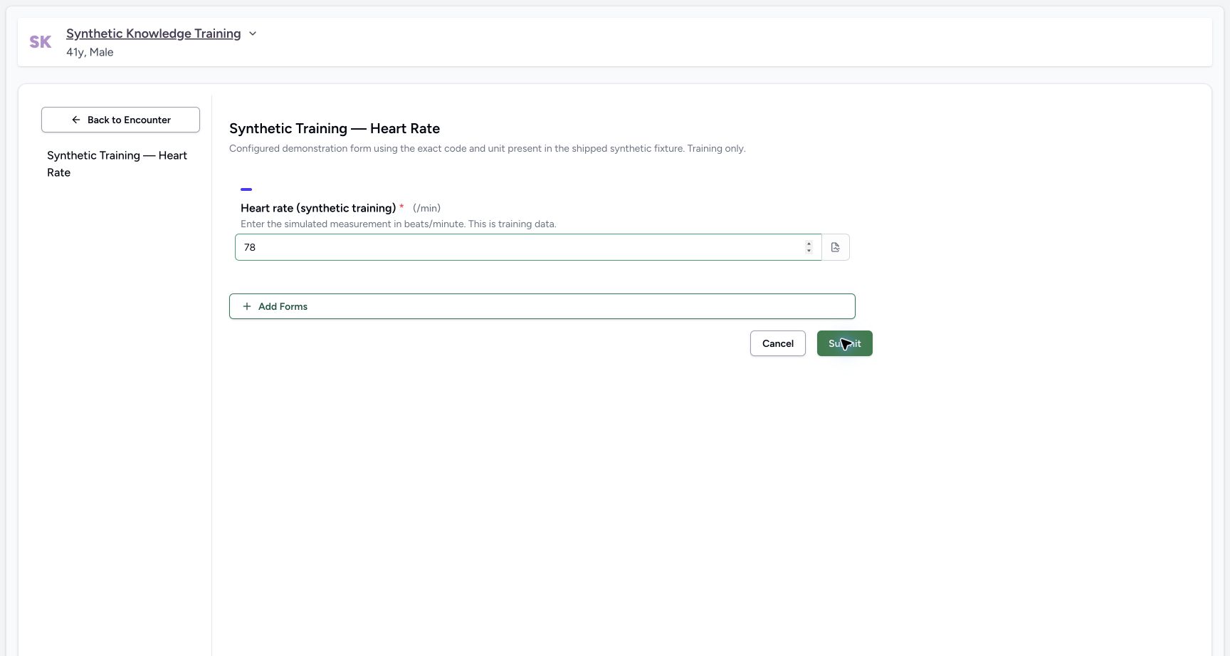 Submit a configured vital-sign observation in the real MANSOQ application with explicitly synthetic patient data.