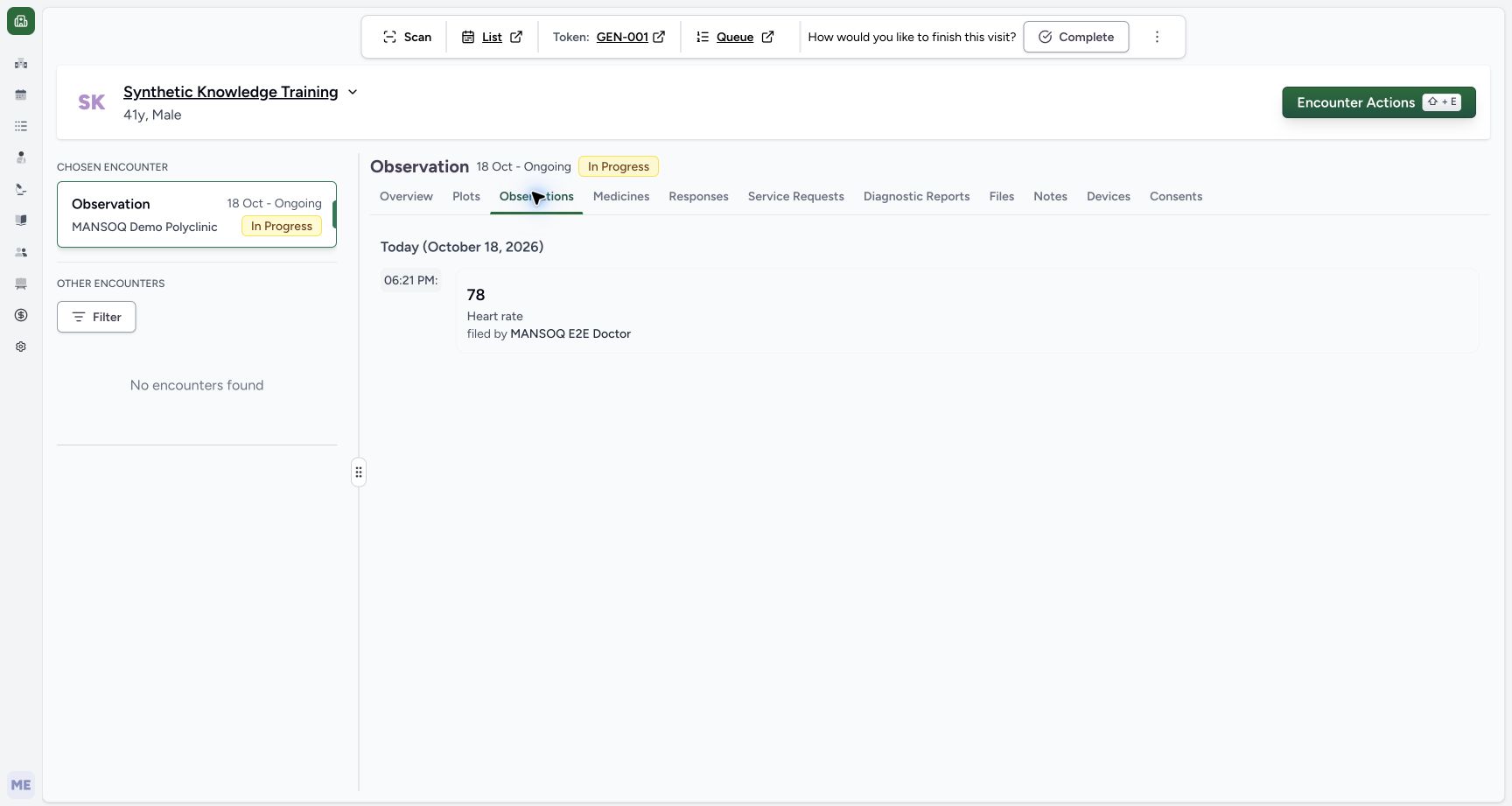 Saved heart-rate observation in the real MANSOQ application with explicitly synthetic patient data.
