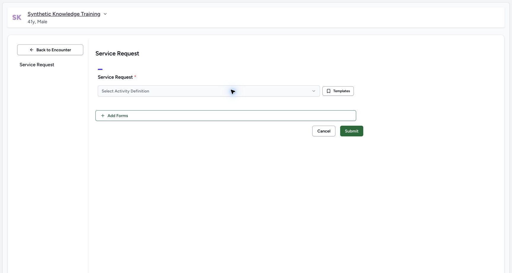 Start a service request in the real MANSOQ application with explicitly synthetic patient data.