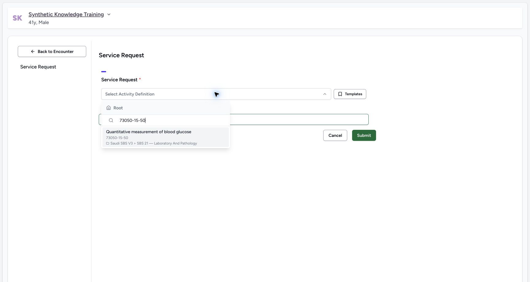 Choose a configured service catalogue code in the real MANSOQ application with explicitly synthetic patient data.