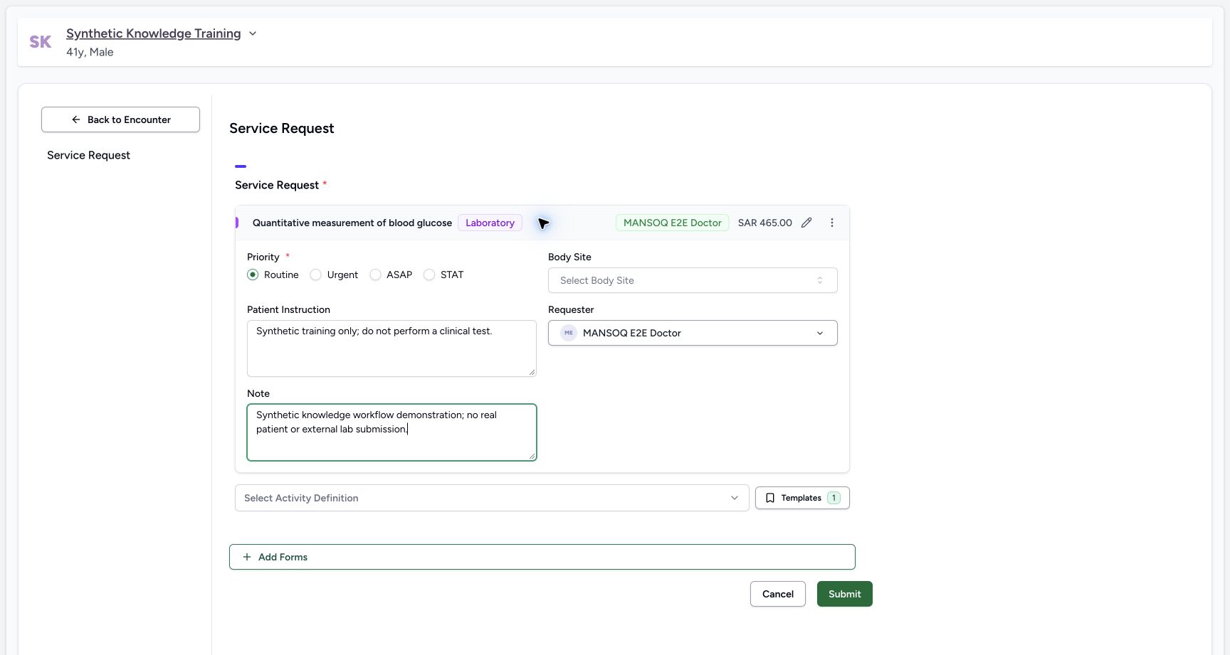 Service request details and order context in the real MANSOQ application with explicitly synthetic patient data.