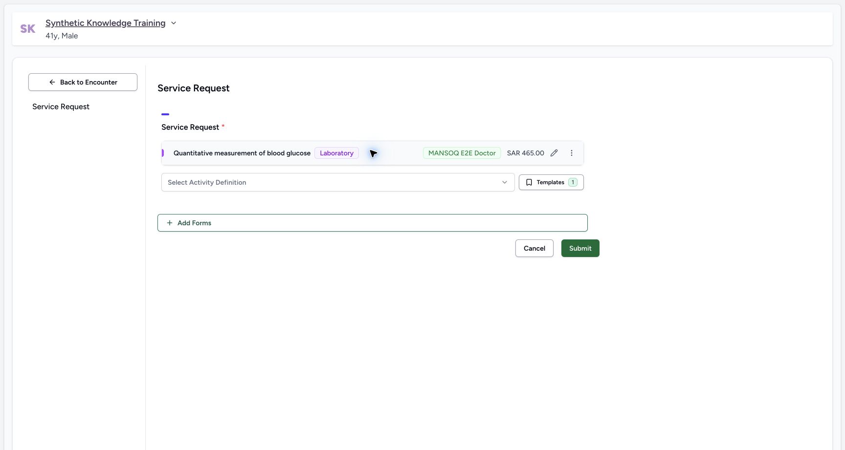 Review and submit the service request in the real MANSOQ application with explicitly synthetic patient data.