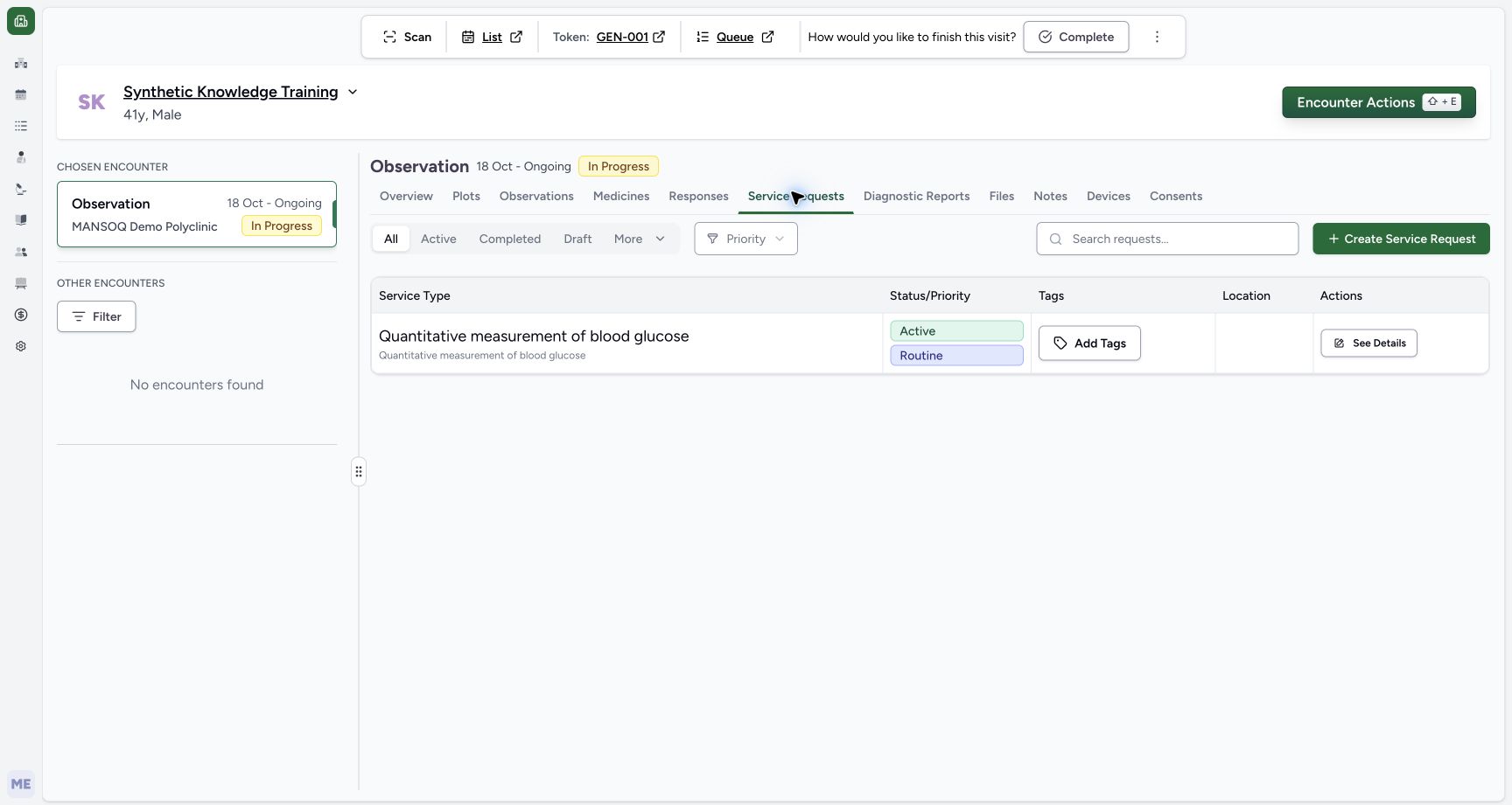 Saved active service request in the real MANSOQ application with explicitly synthetic patient data.