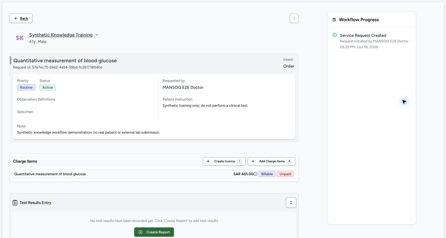Service request detail and next workflow in the real MANSOQ application with explicitly synthetic patient data.