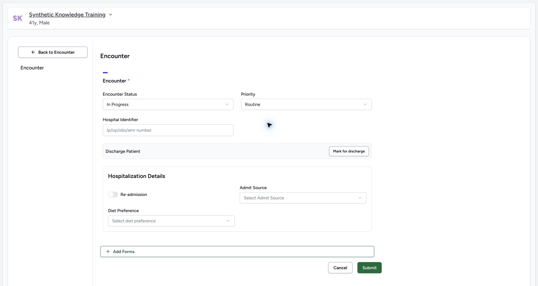 Begin the discharge documentation in the real MANSOQ application with explicitly synthetic patient data.