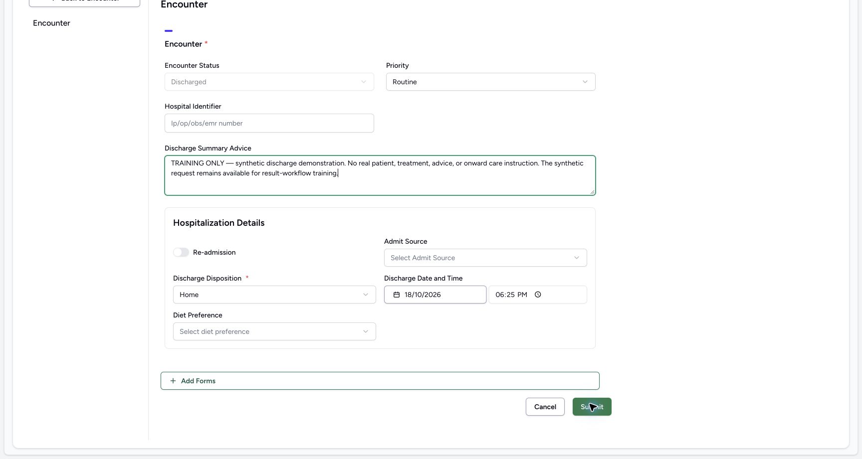 Review discharge disposition time and advice in the real MANSOQ application with explicitly synthetic patient data.