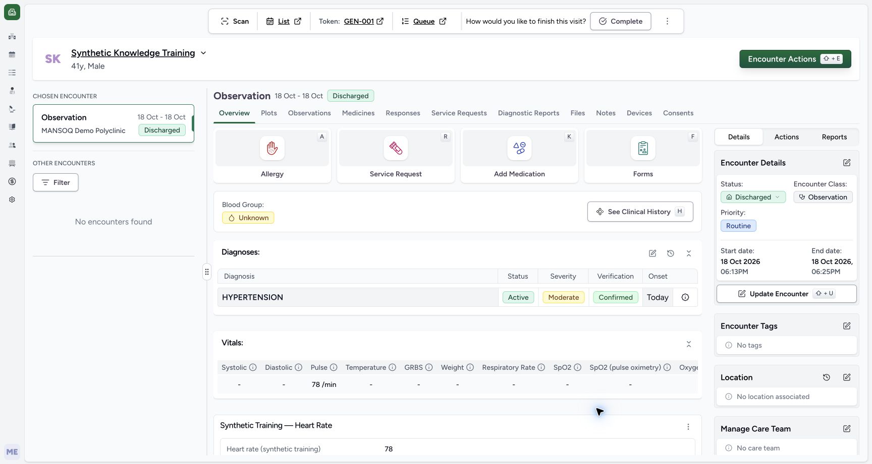 Saved discharged encounter in the real MANSOQ application with explicitly synthetic patient data.